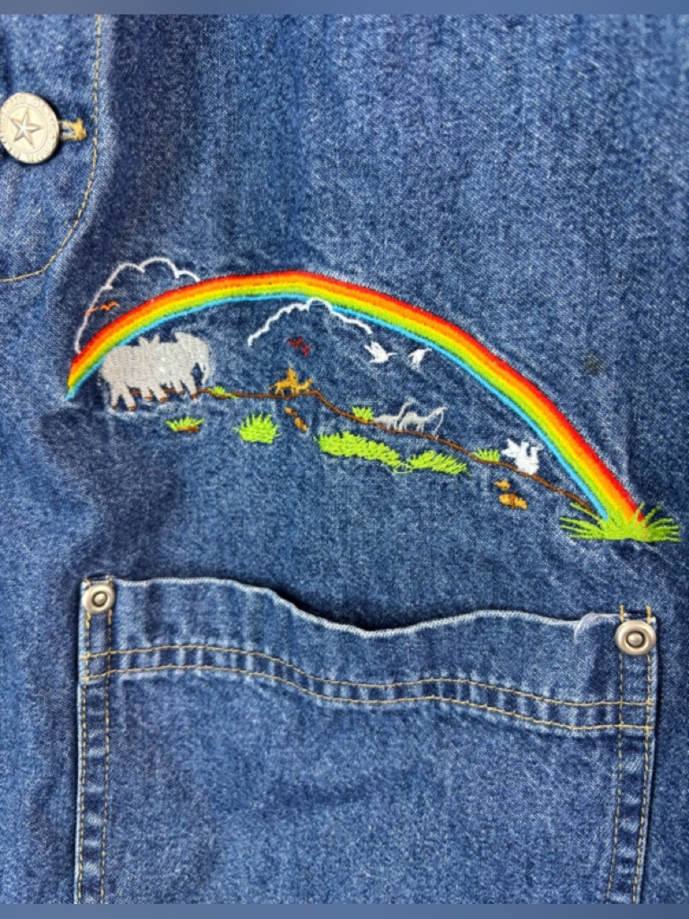 True Blue M Cottagecore Noah’s Arc Embroidered Overalls Denim Jumper Dress